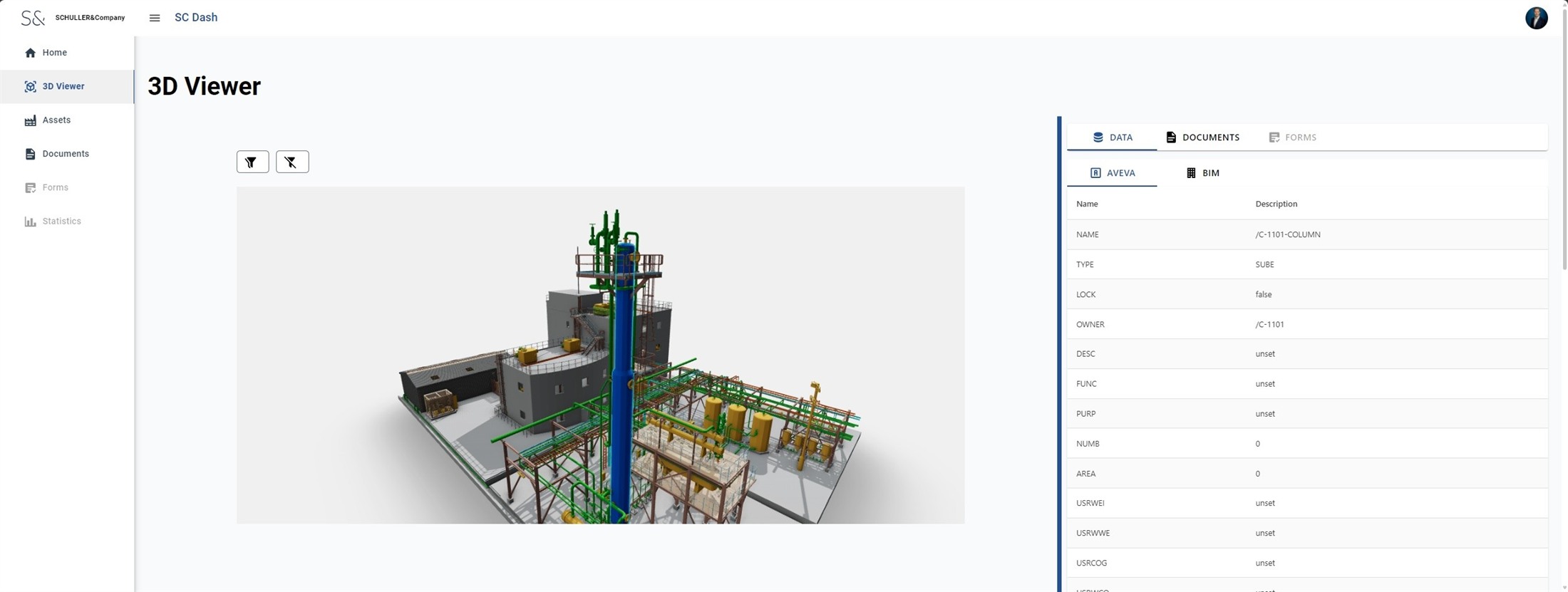 SC Dash browser-based 3D viewer displaying AVEVA and BIM metadata