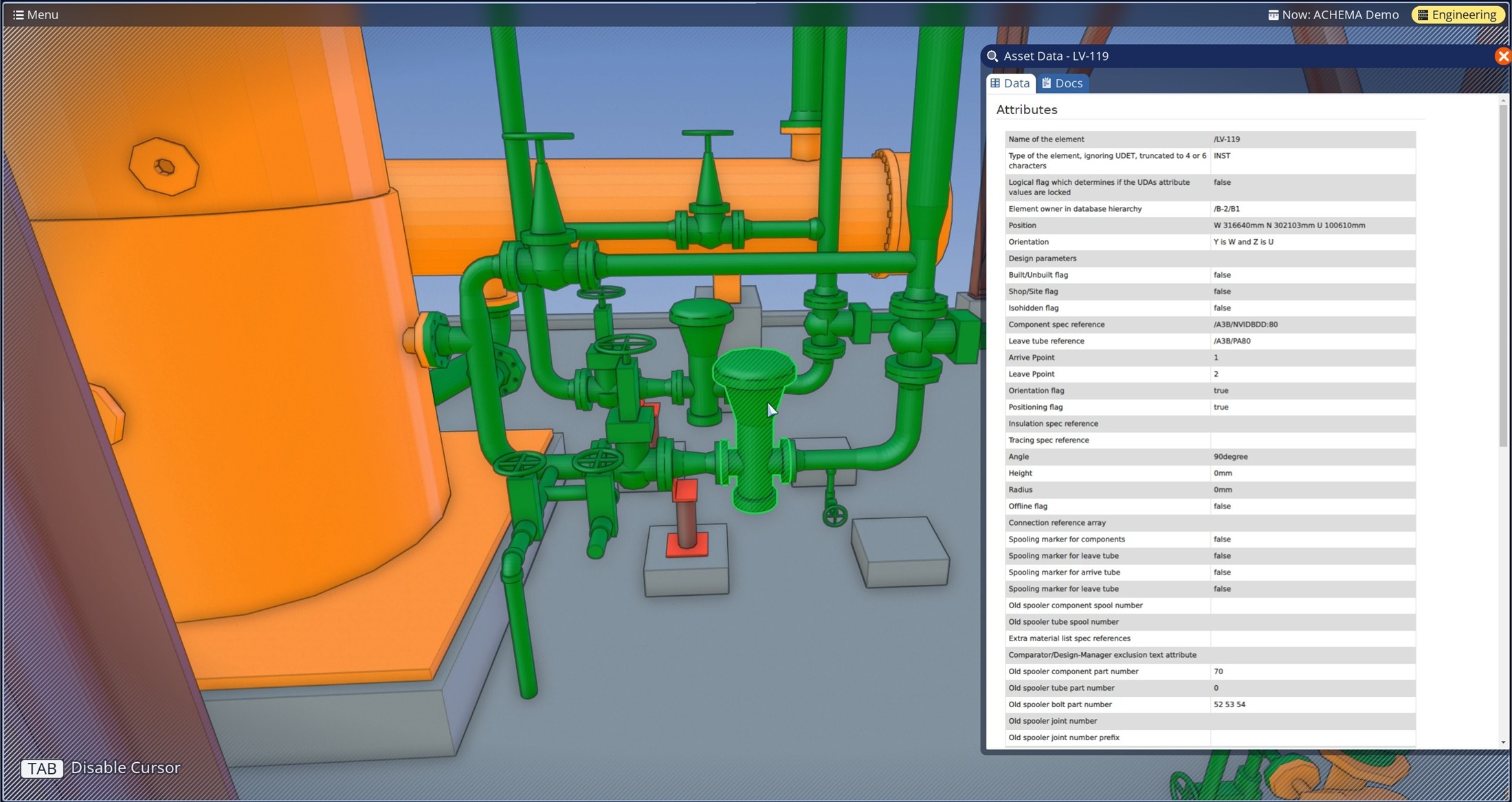 SC Collaboration Suite asset data inspection panel linked to selected plant equipment