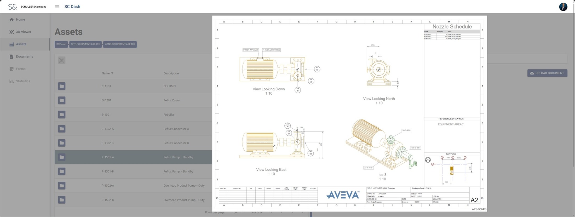 SC Dash engineering asset document viewer showing an AVEVA equipment drawing