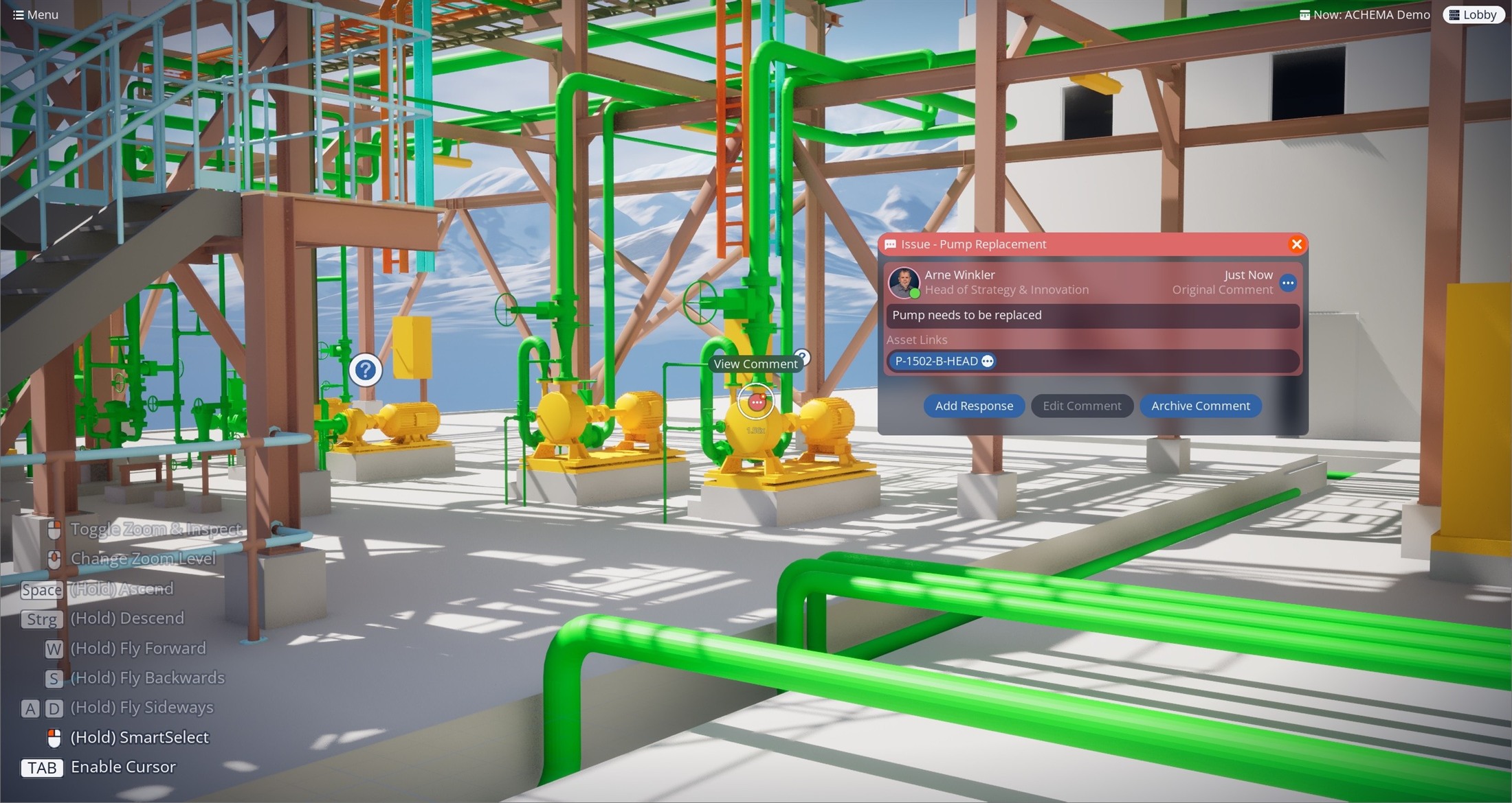 SC Collaboration Suite issue workflow attached directly to a pump in the 3D plant model